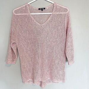 NIC+ZOE Linen Blend Lightweight Knit Sweater Pink XS V-Neck 3/4 Sleeve